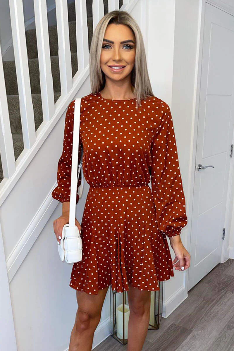 Rust Polka Dot Pleat Dress - Swimclubus