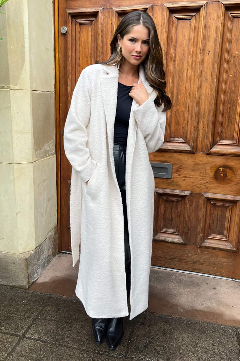 Cream Boucle Tie Belt Longline Trench Coat - Swimclubus