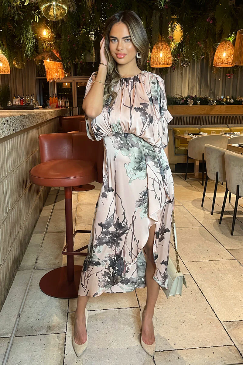 Dusty Pink Printed Batwing Top Wrap Skirt Midi Dress - Swimclubus
