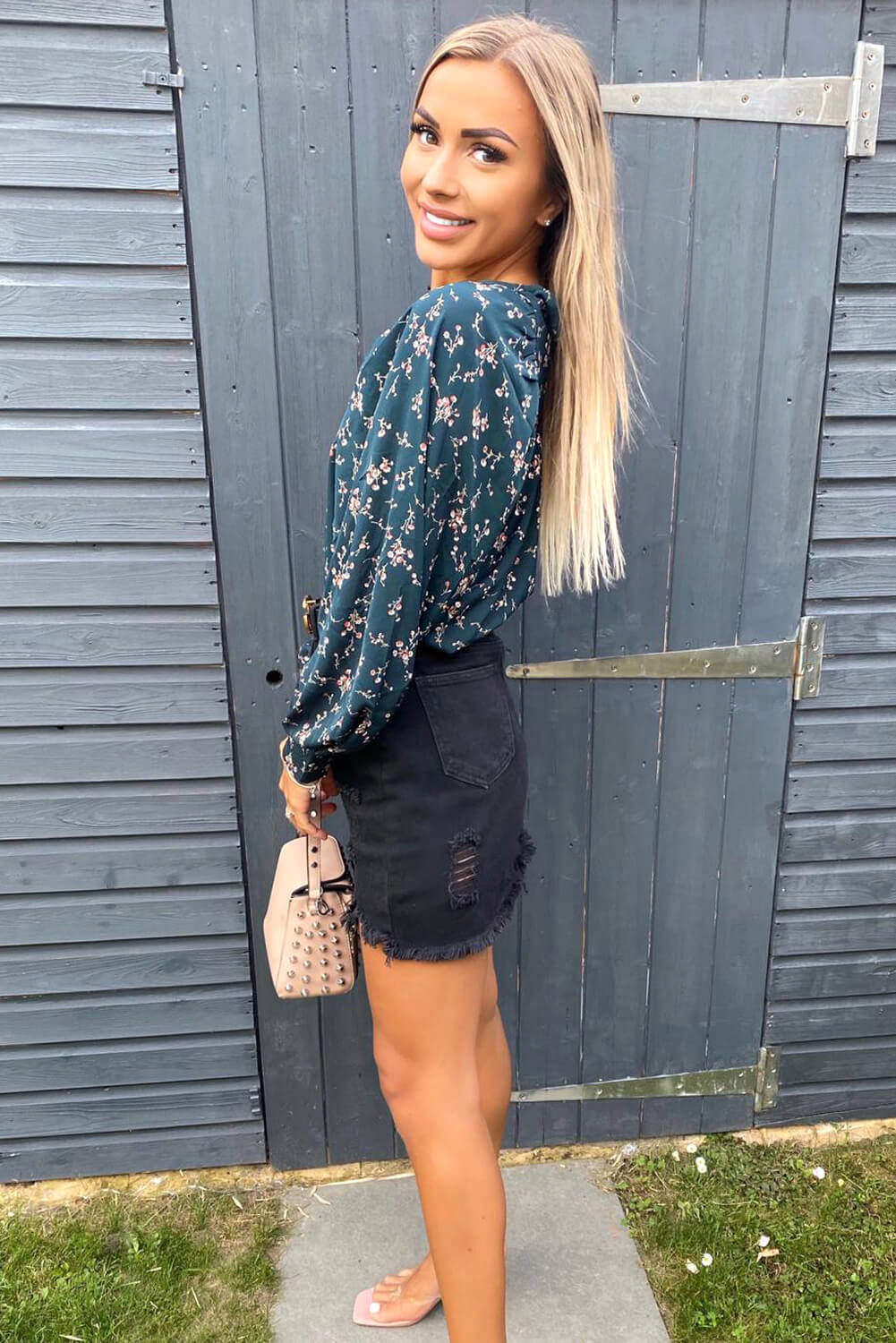 Teal Floral Balloon Sleeve Blouse - Swimclubus