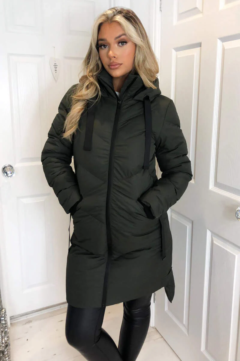 Khaki Hooded Long Line Puffer Coat - Swimclubus
