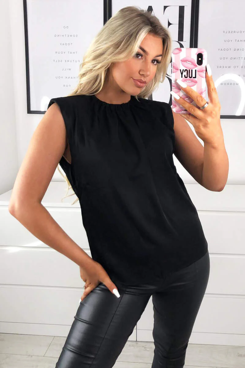 Black Padded Shoulder Sleeveless Blouse - Swimclubus