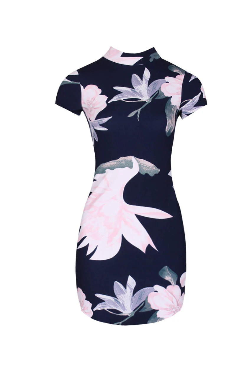 Navy Floral High Neck Mini Dress - Swimclubus