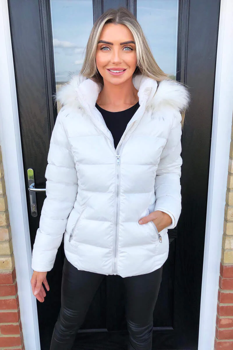 Cream Faux Fur Wet Look Coat - Swimclubus