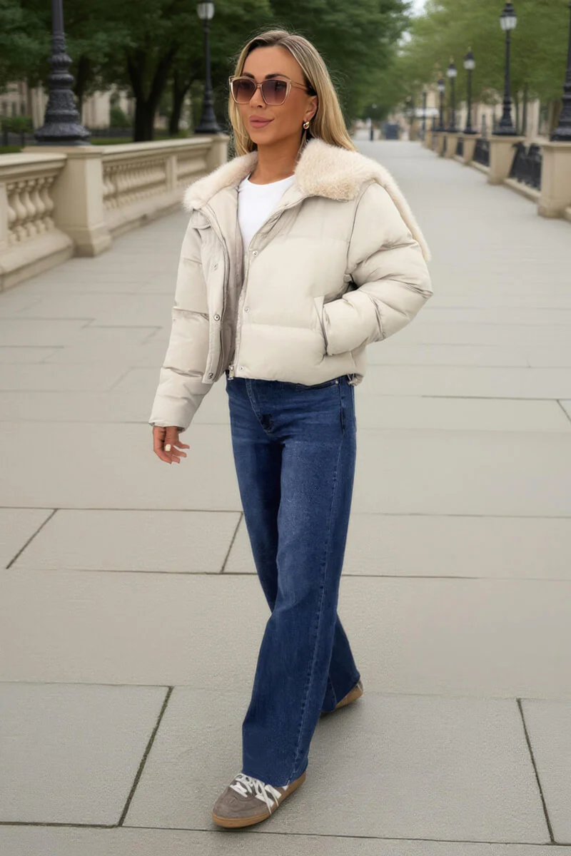 Cream Split Hood Short Puffer Coat - Swimclubus