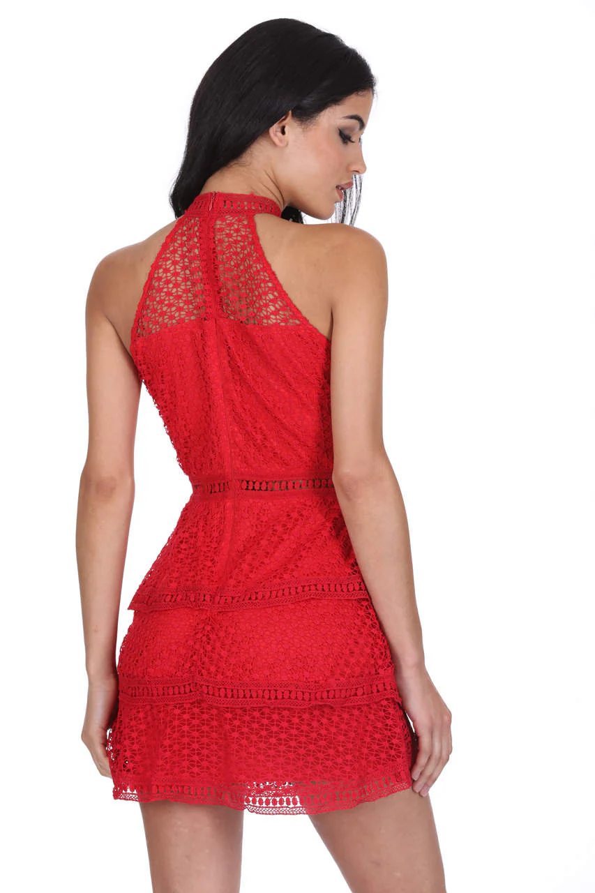 Red Crochet Choker Neck Dress - Swimclubus