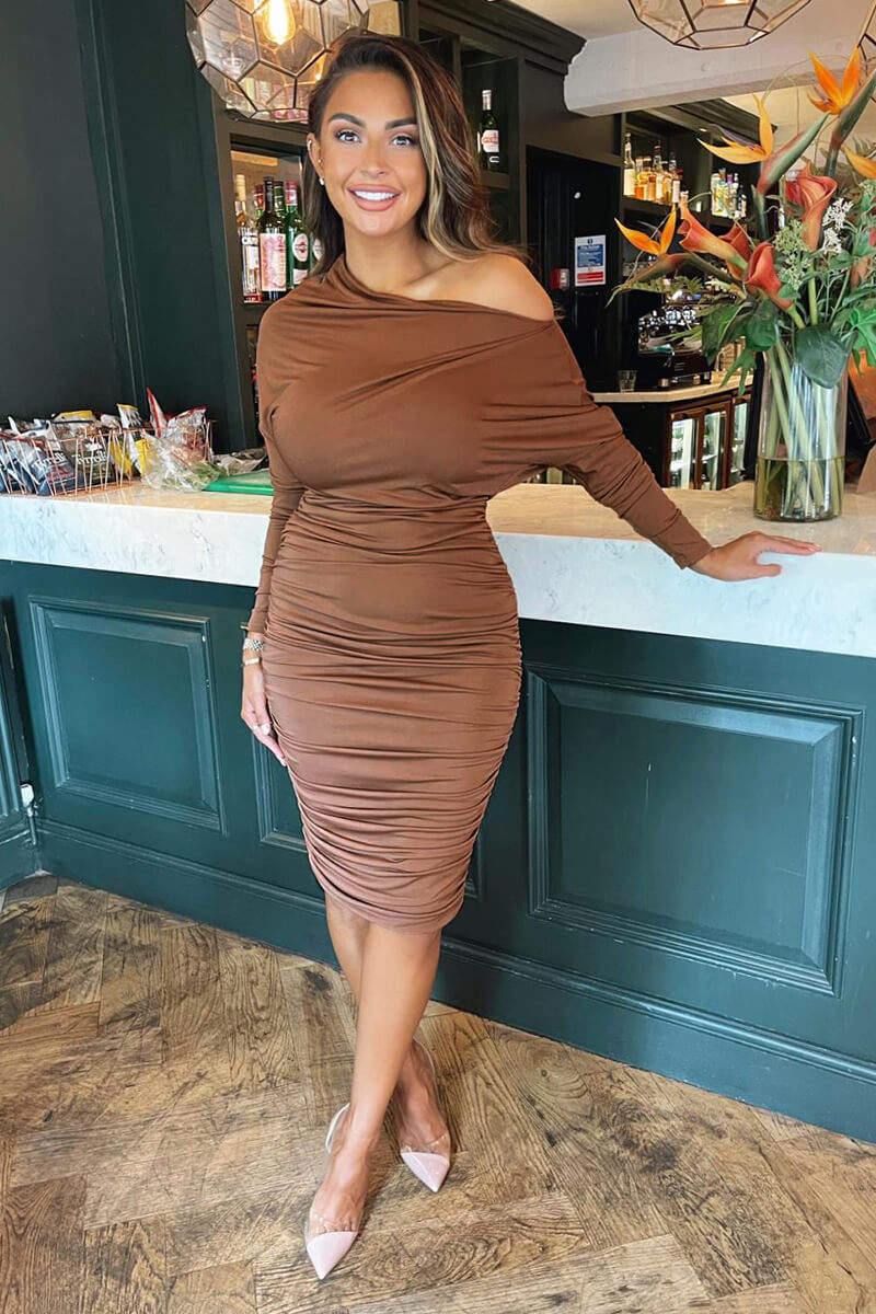 Camel Off The Shoulder Ruched Stretch Midi Dress - Swimclubus