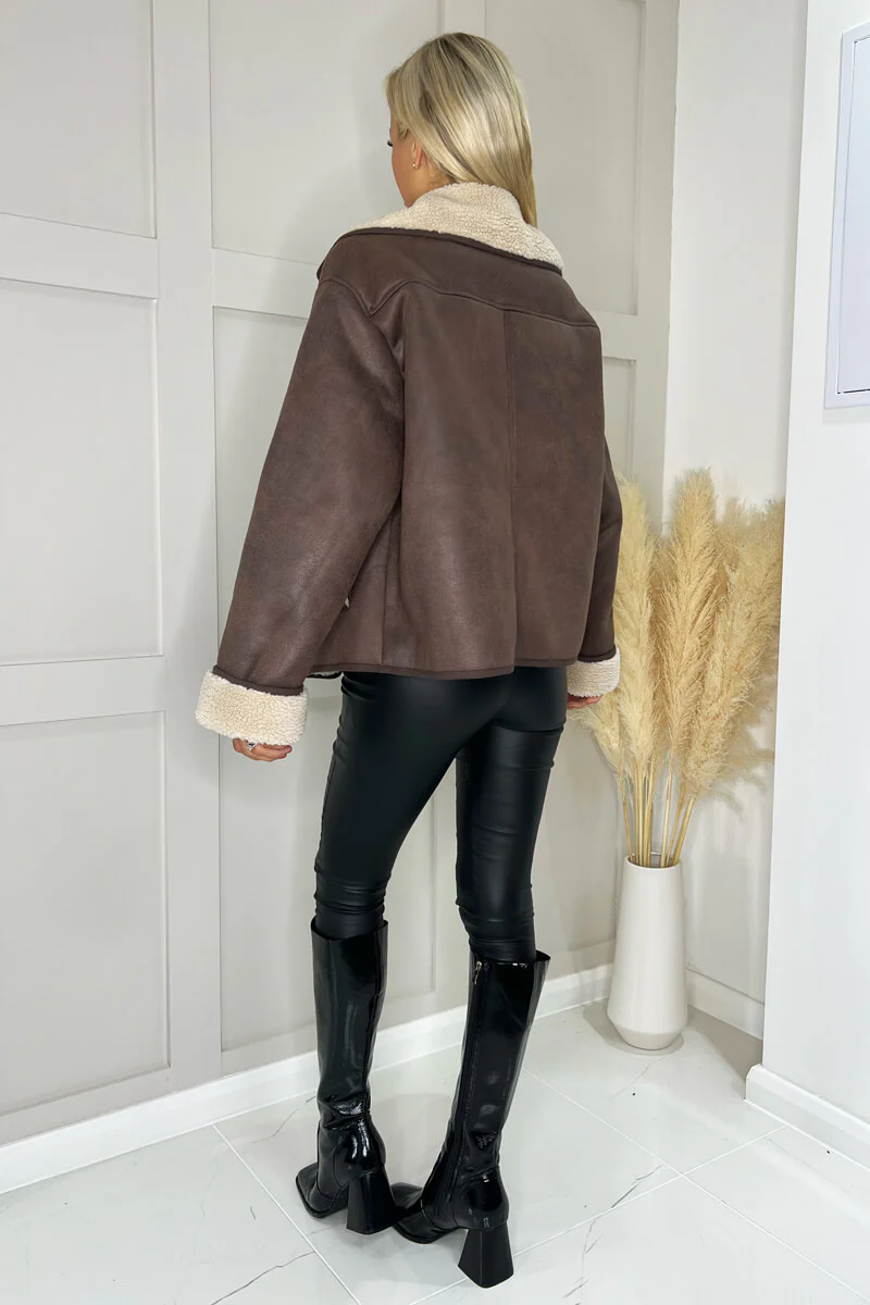 Brown Faux Shearling Coat - Swimclubus