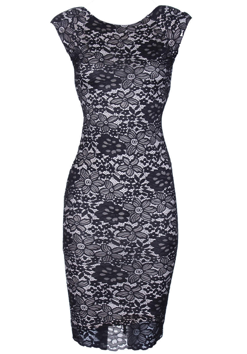 Lace Black/Nude Midi Dress - Swimclubus