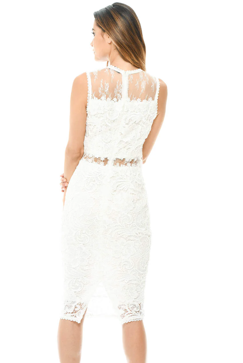 Cream Sleeveless Lace Mesh Bodycon  Midi - Swimclubus