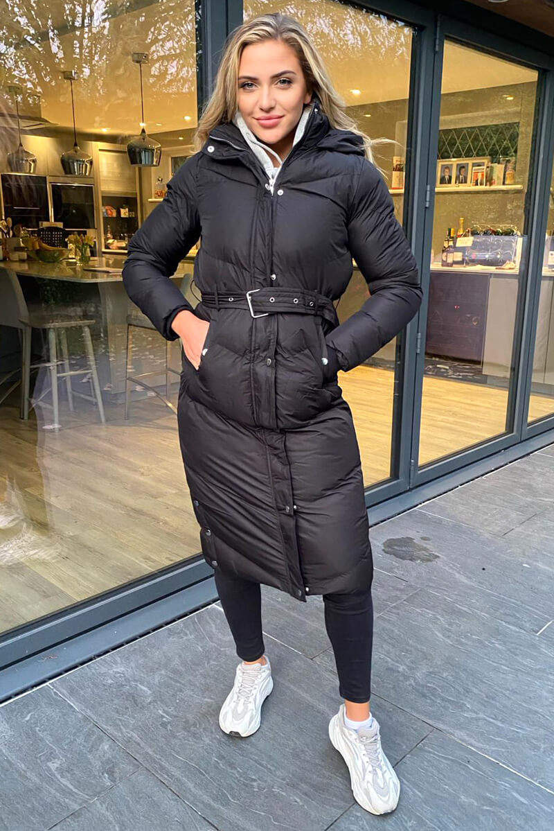 Black Belted Long Puffer Coat - Swimclubus