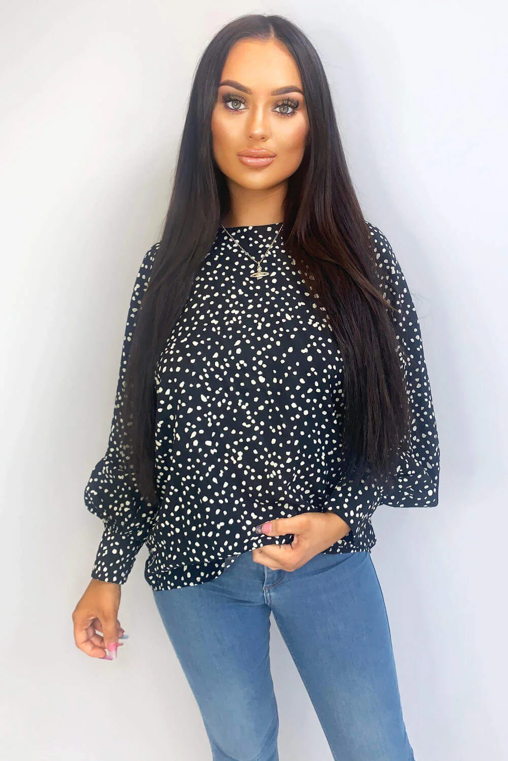 Black Spotty High Neck Wide Sleeve Top - Swimclubus