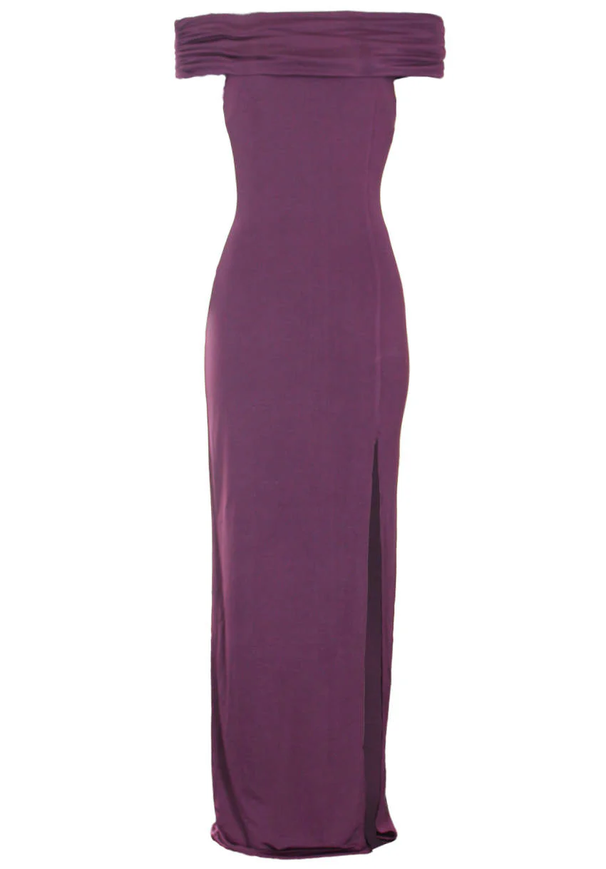 Plum Off The Shoulder Slinky Maxi Dress - Swimclubus