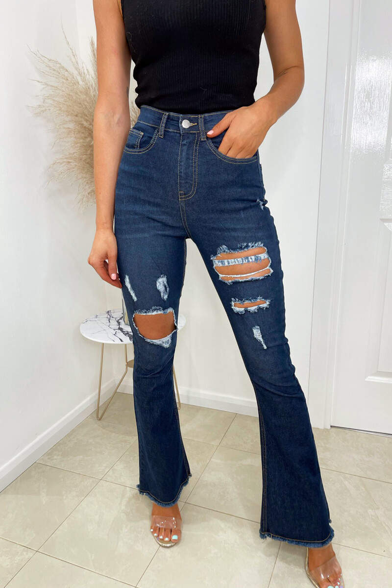 Dark Wash Ripped Flared Jeans - Swimclubus