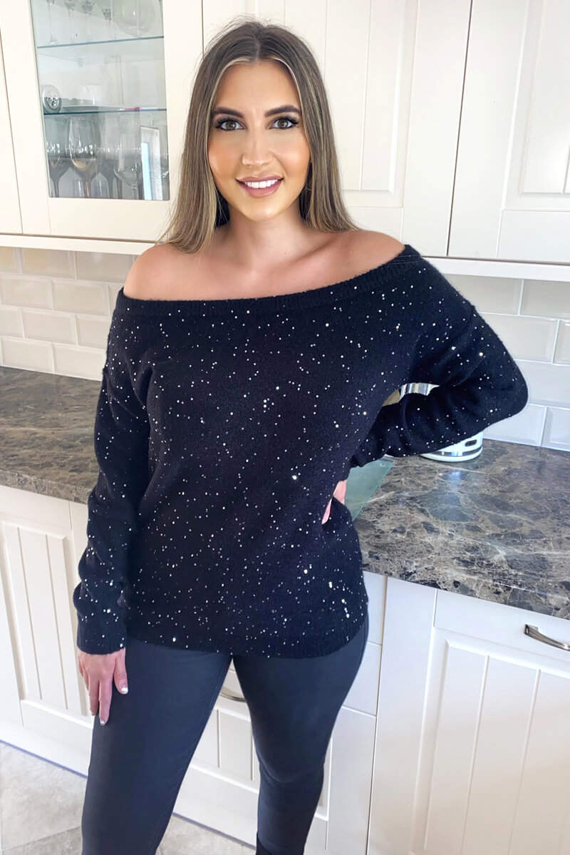 Black Sequin Off The Shoulder Knit Jumper - Swimclubus