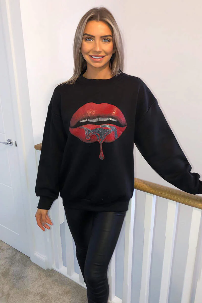 Black Red Lips Sweatshirt - Swimclubus