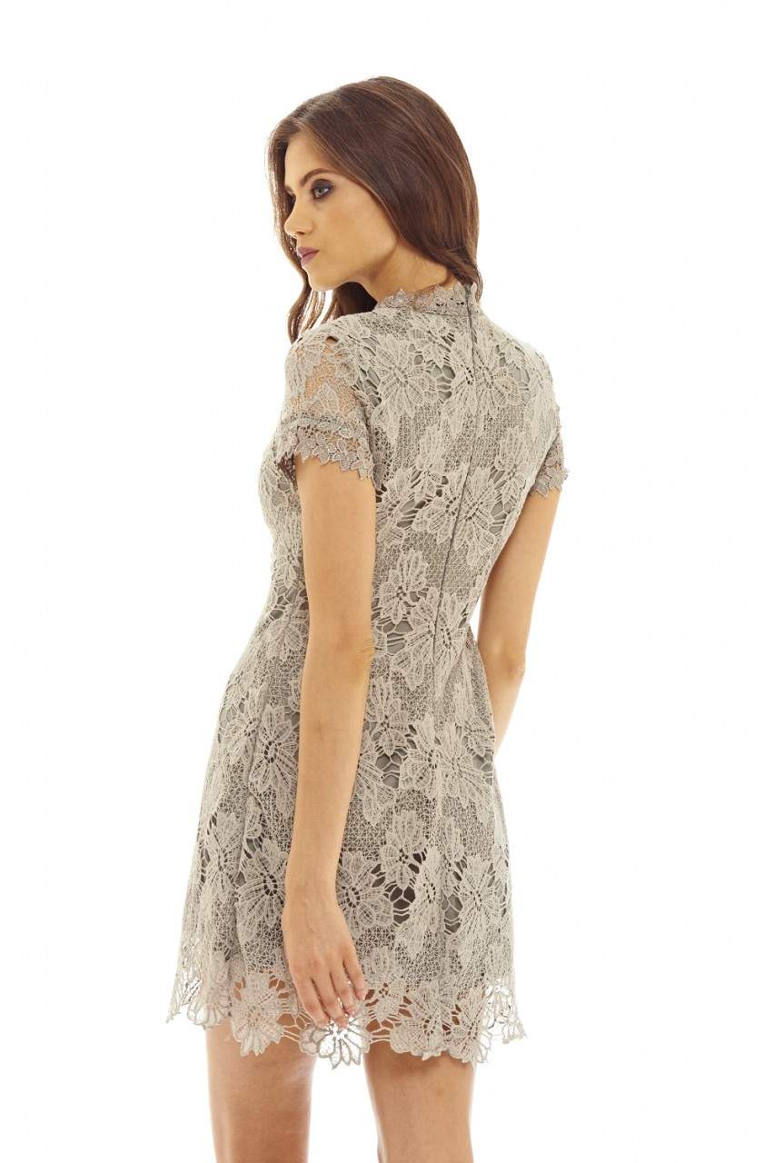 Grey High Neck Lace   Dress - Swimclubus