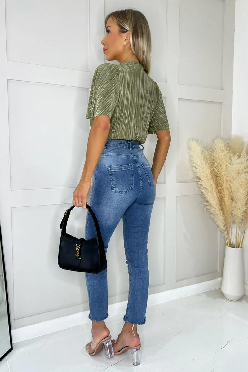 Light Khaki Wrap Top Butterfly Sleeve Plisse Bodysuit - Swimclubus