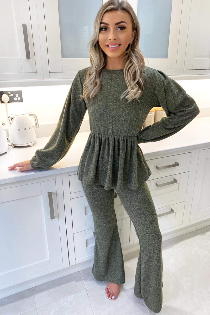 Khaki Peplum Flared Leg Lounge Set - Swimclubus