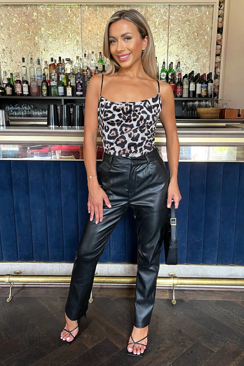 Multi Leopard Print Mesh Strappy Cowl Neck Bodysuit - Swimclubus