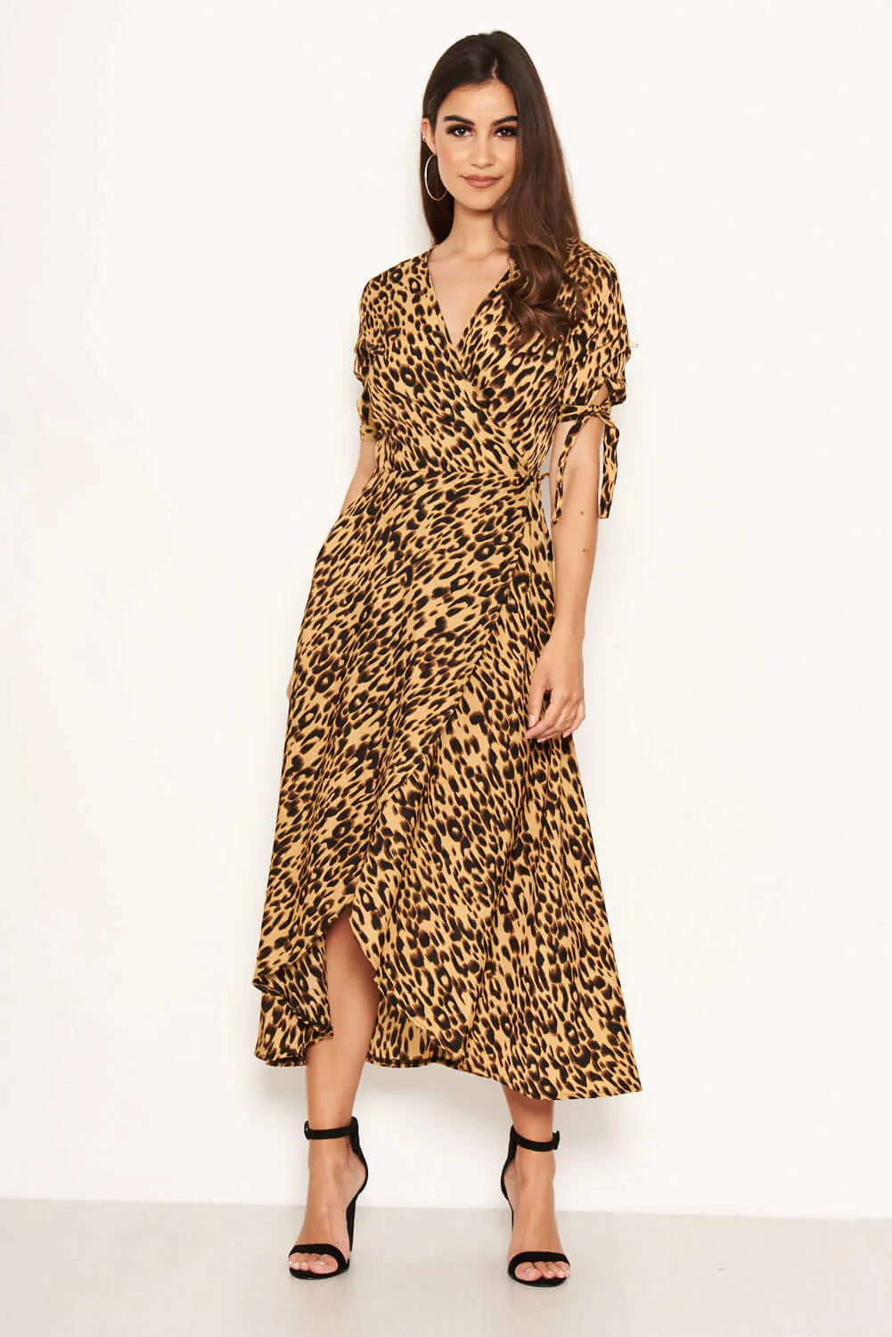Leopard Print Tie Waist Wrap Midi Dress - Swimclubus
