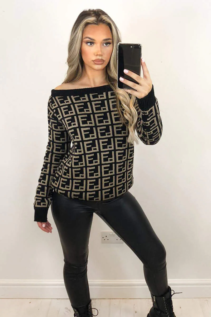 Black Printed Off The Shoulder Knit Jumper - Swimclubus