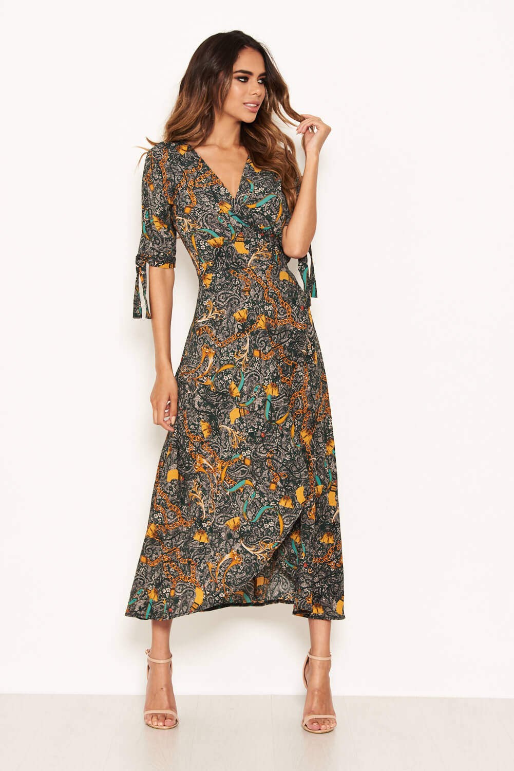 Green Printed Wrap Midi Dress With Tie Sleeves - Swimclubus