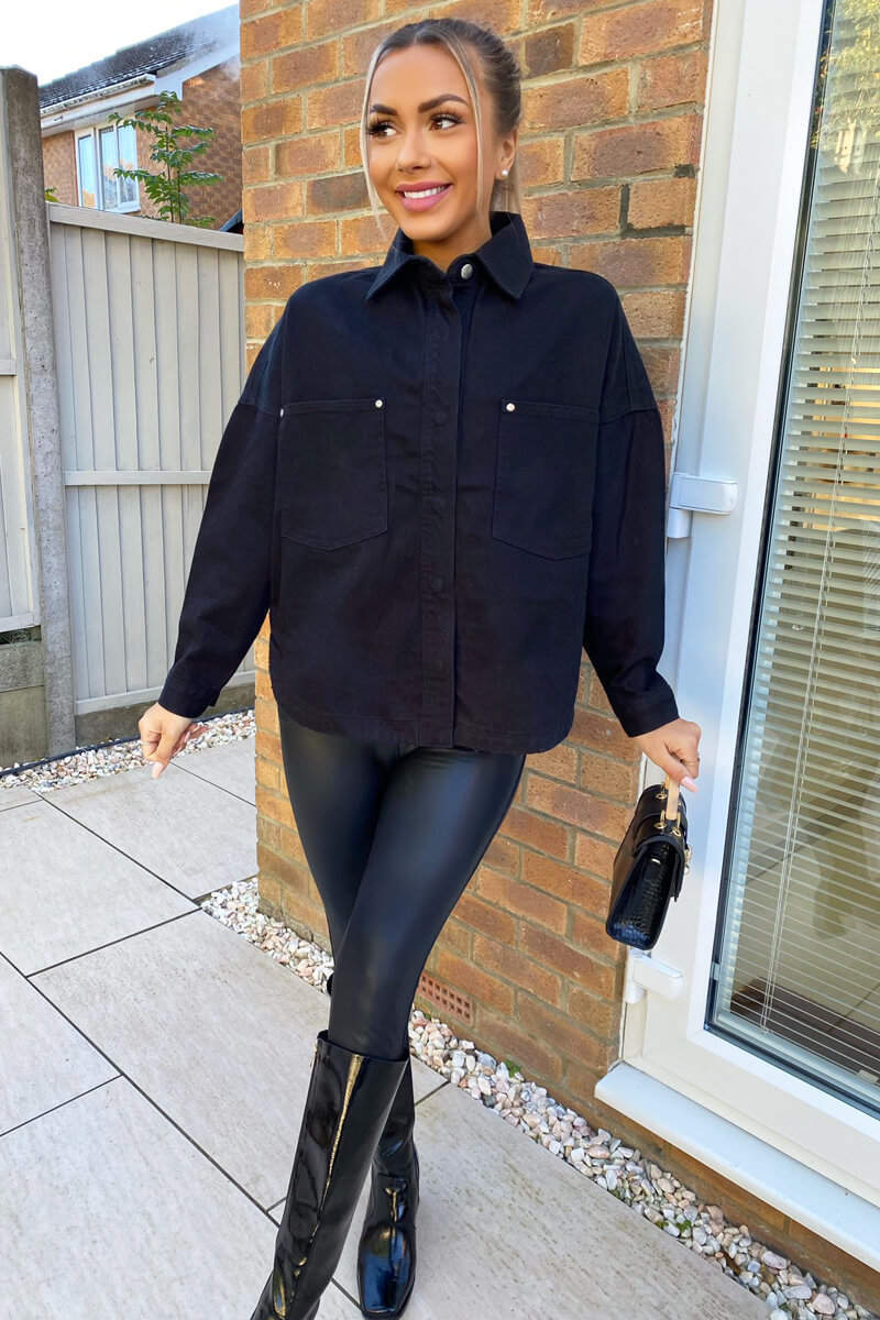 Black Denim Double Pocket Shirt Jacket - Swimclubus