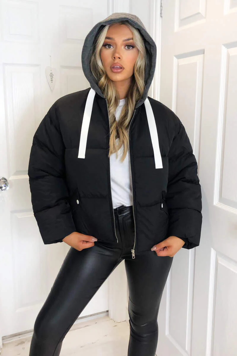 Black Fabric Hood Puffer Jacket - Swimclubus