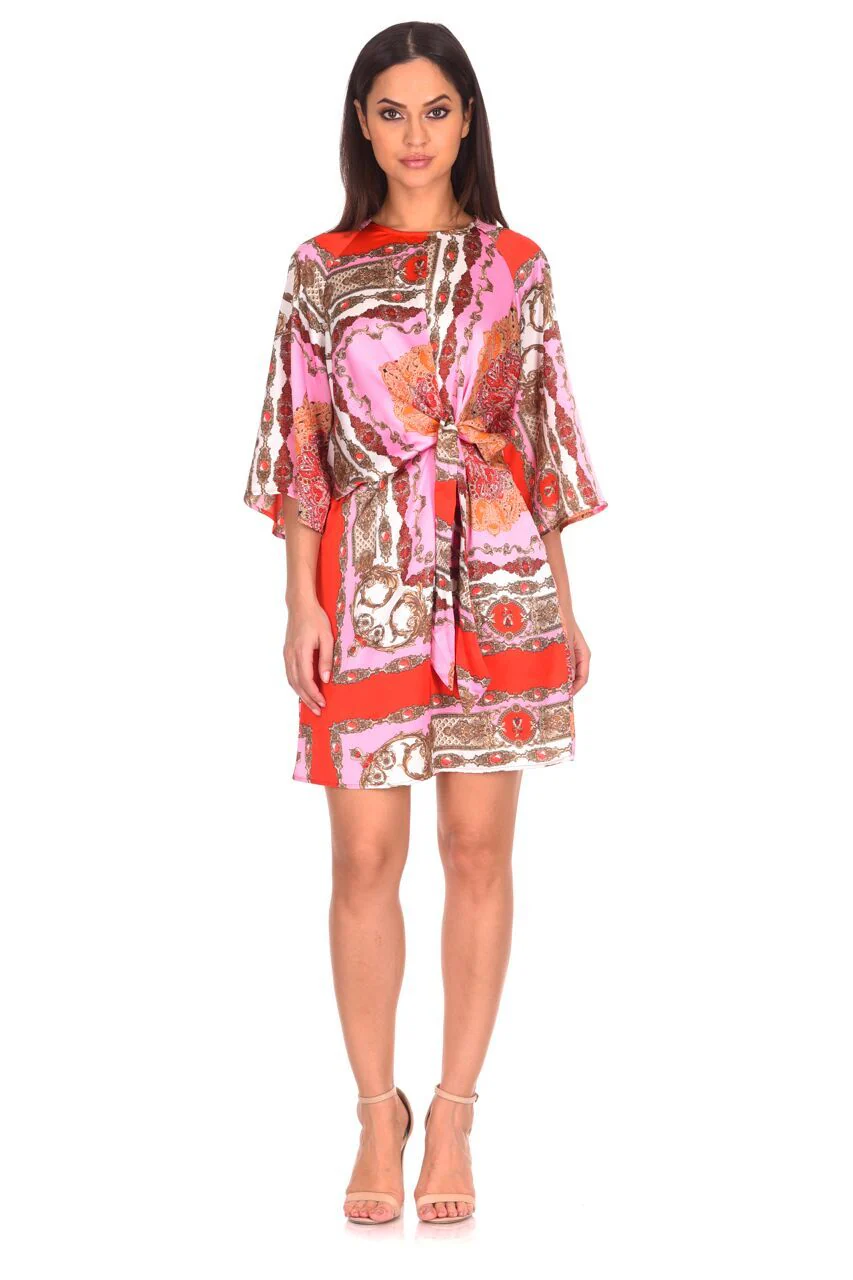 Red Patterned Silk Tie Front Shift Dress - Swimclubus