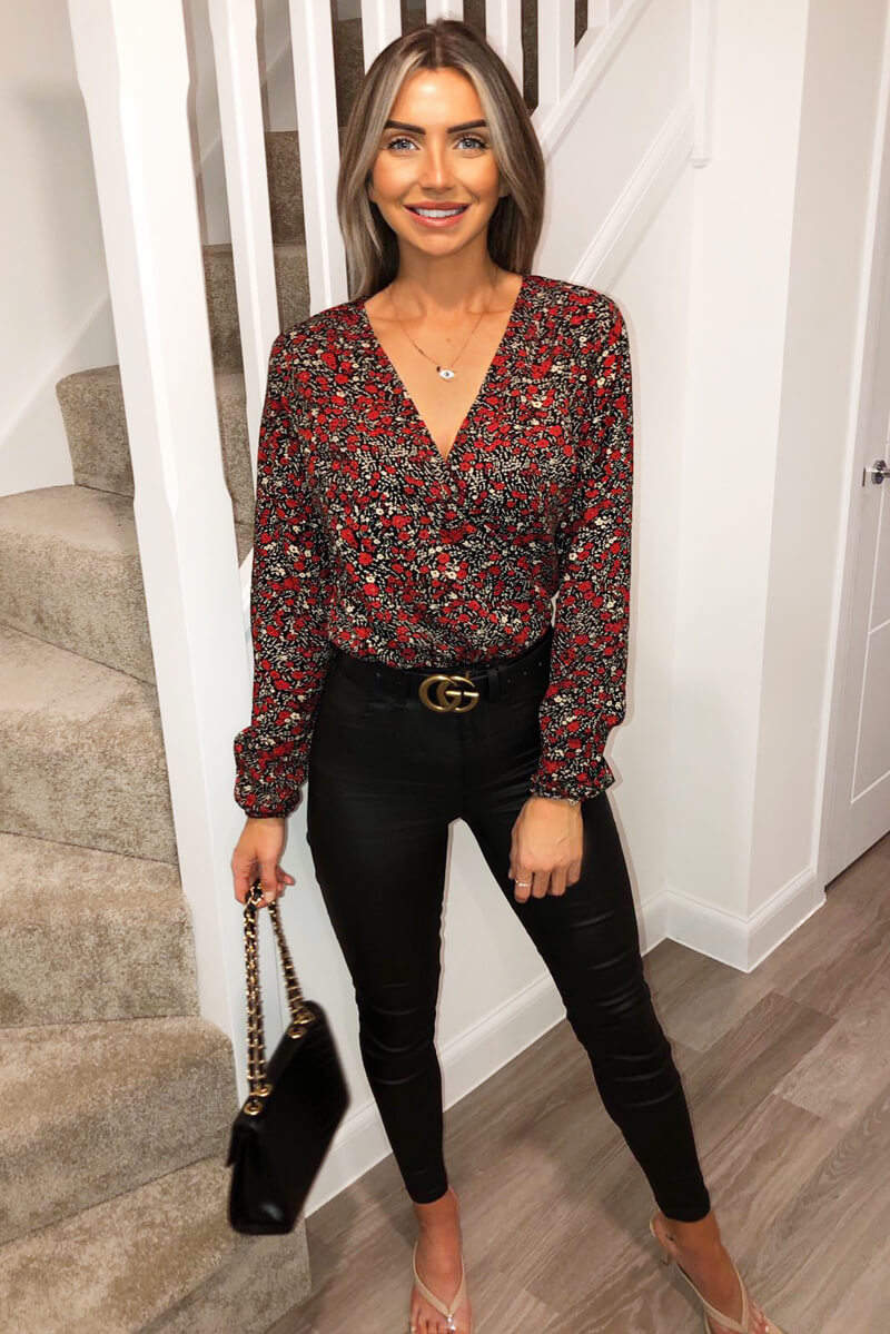 Red Floral Wrap Bodysuit - Swimclubus