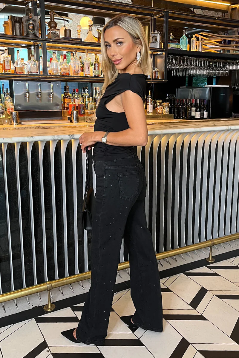 Black Diamante Loose Fit Straight Leg Jeans - Swimclubus