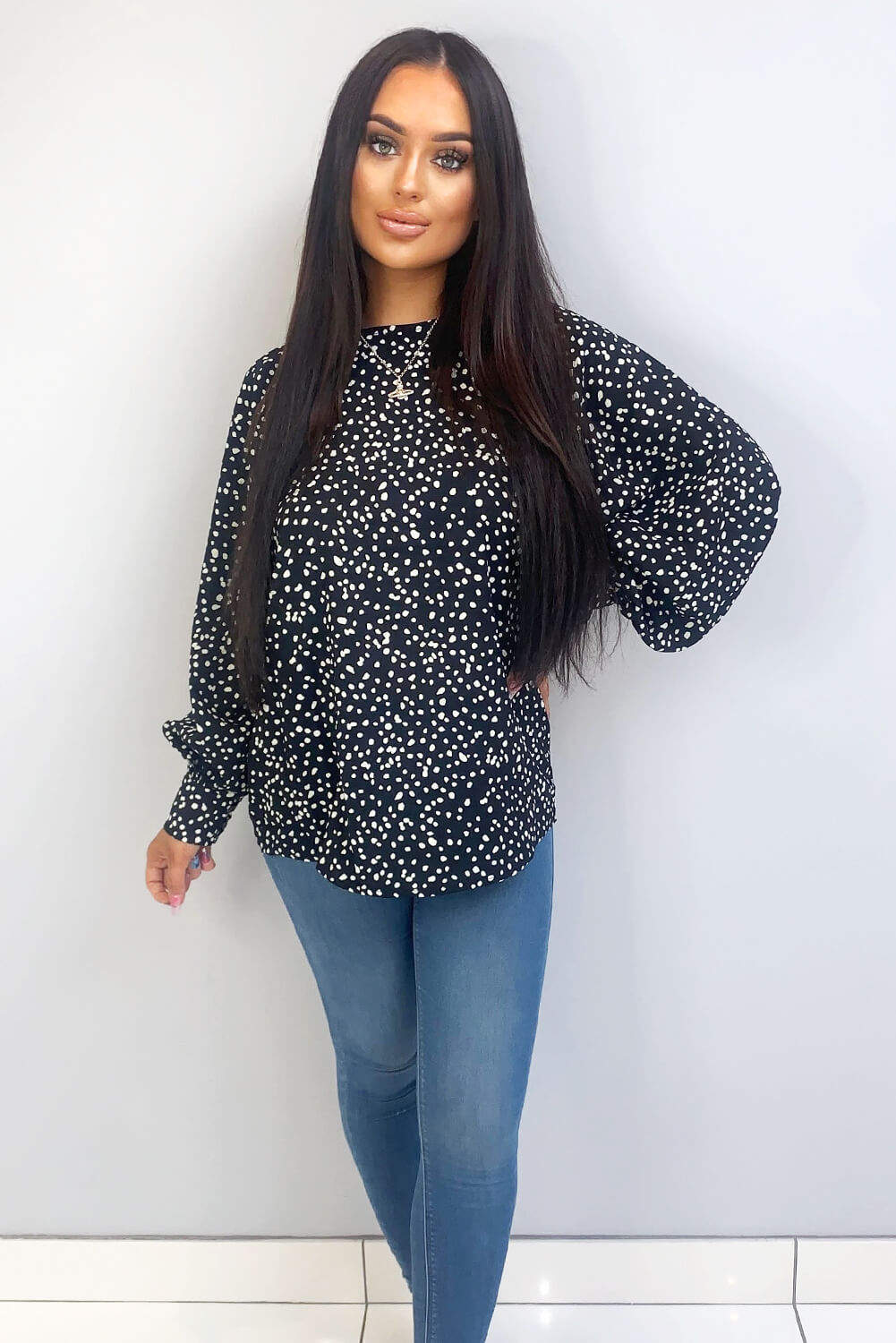 Black Spotty High Neck Wide Sleeve Top - Swimclubus