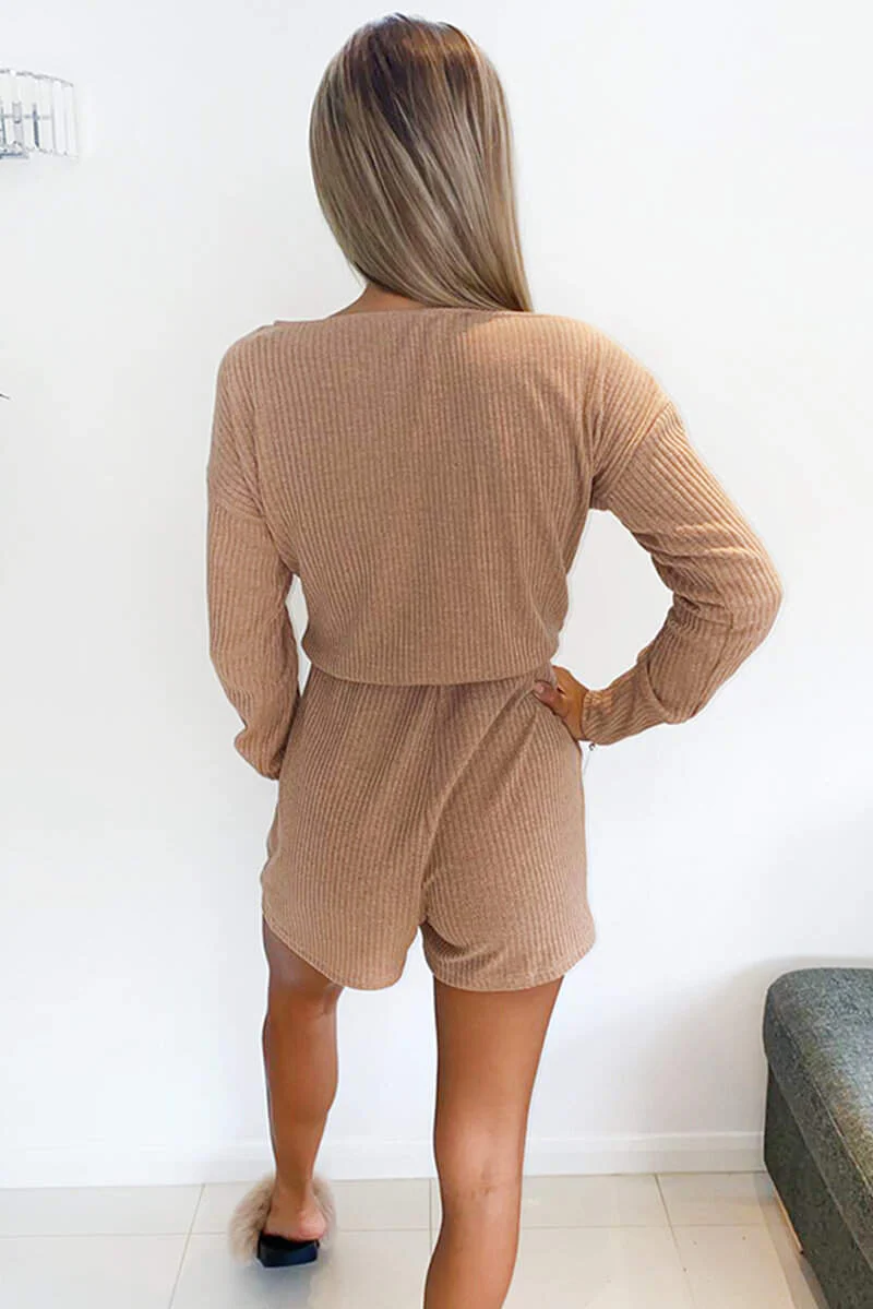 Camel Knitted Long Sleeve Playsuit - Swimclubus