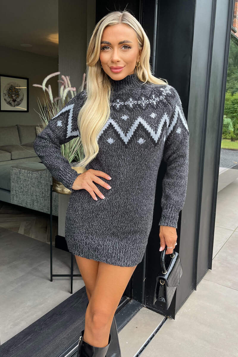Anthracite Fairisle Mock Neck Knitted Dress - Swimclubus