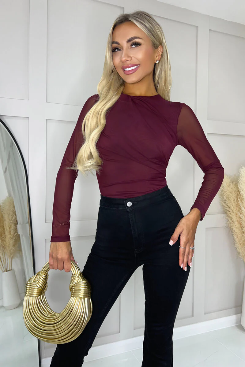Plum Long Sleeve Pleat Detail Mesh Bodysuit - Swimclubus