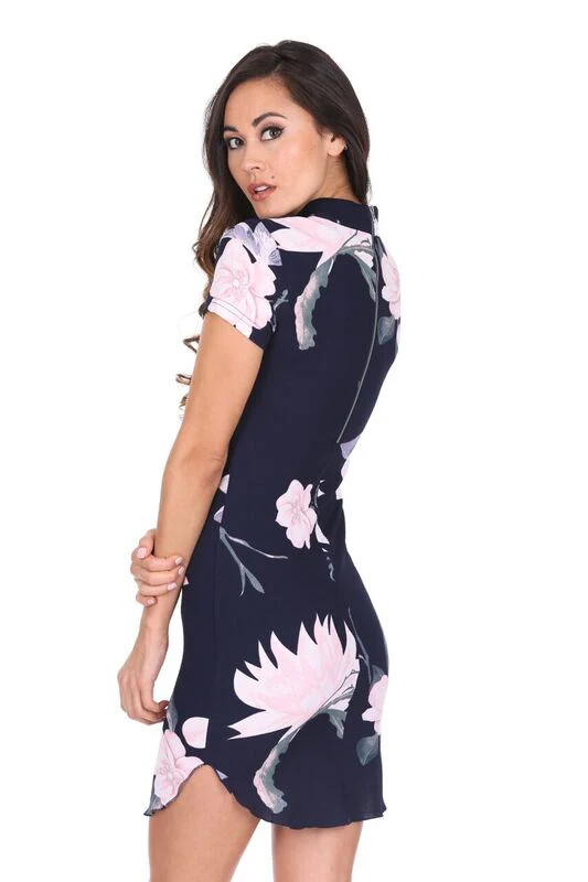 Navy Floral High Neck Mini Dress - Swimclubus