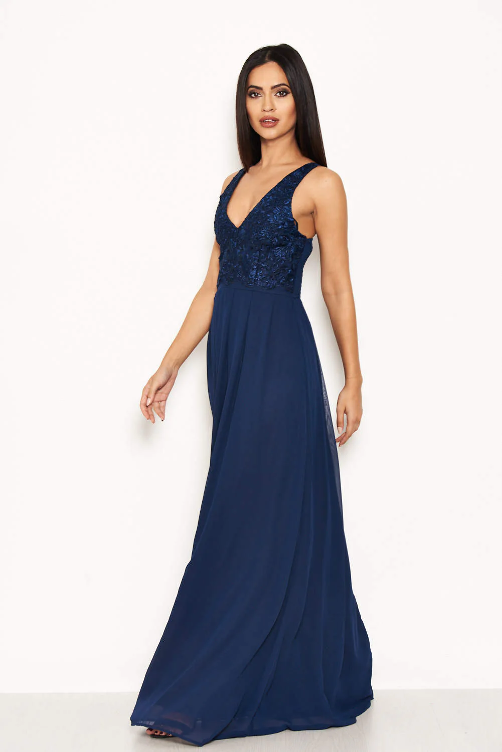 Navy Lace Detail V Neck Maxi Dress - Swimclubus