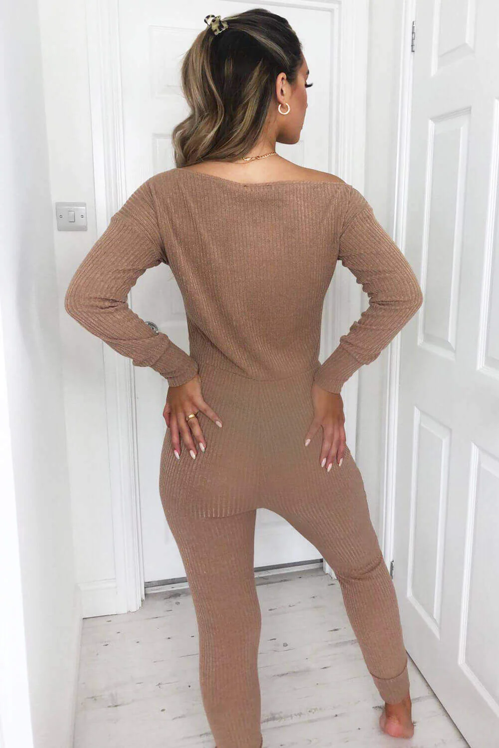 Camel Knitted Long Sleeve Jumpsuit - Swimclubus