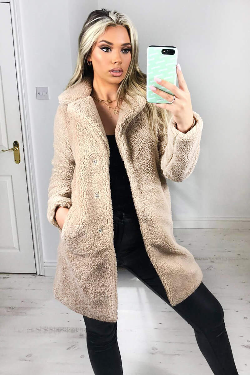 Oatmeal Teddy Faux Fur Coat With Collar - Swimclubus