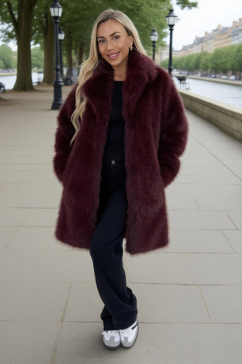 Burgundy Faux Fur Longline Jacket - Swimclubus