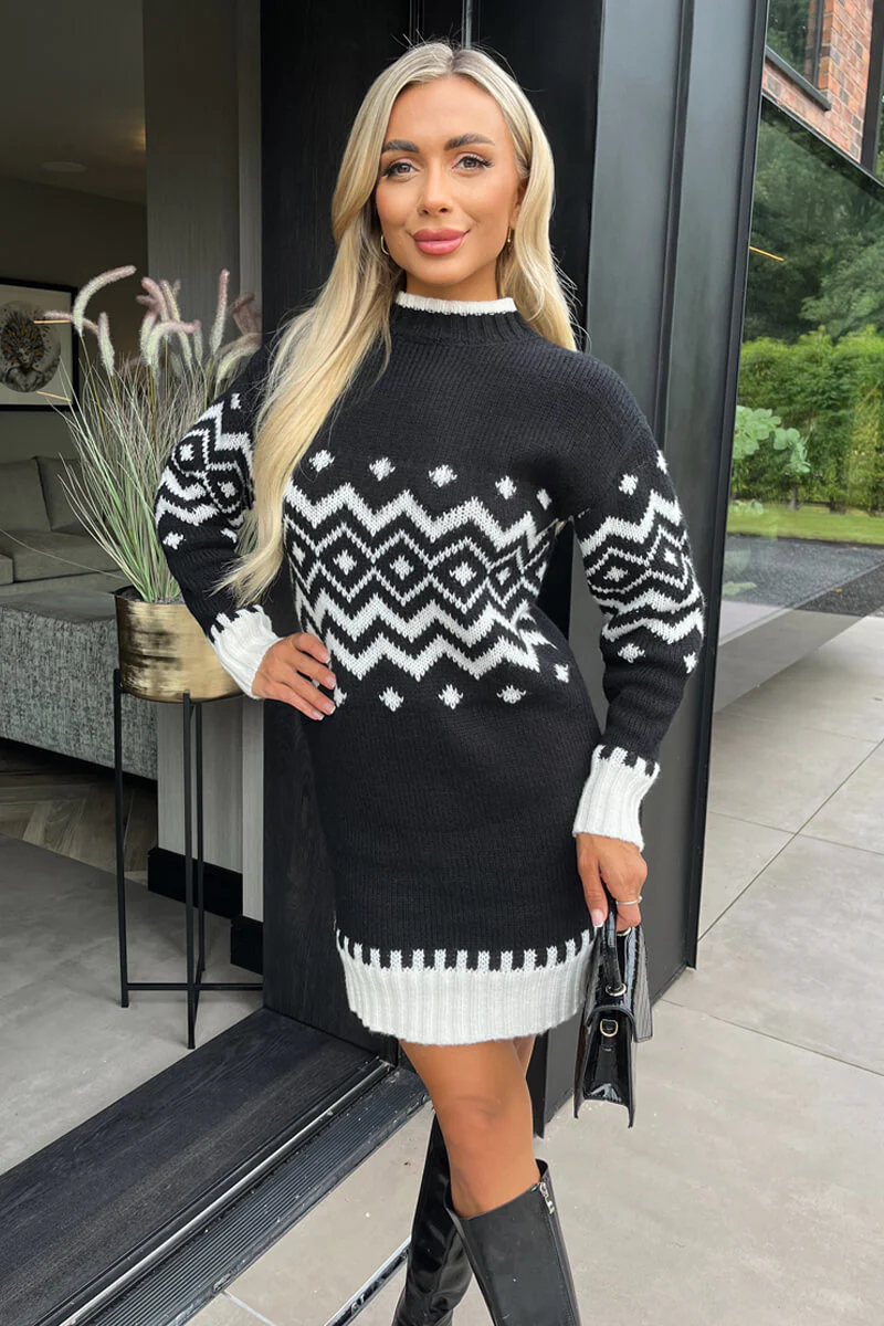 Black Fairisle Mock Neck Knitted Dress - Swimclubus
