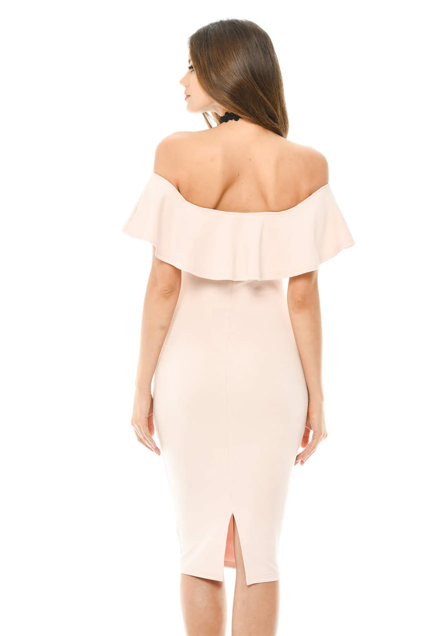 Pink Off The Shoulder Frill Bodycon Midi Dress - Swimclubus